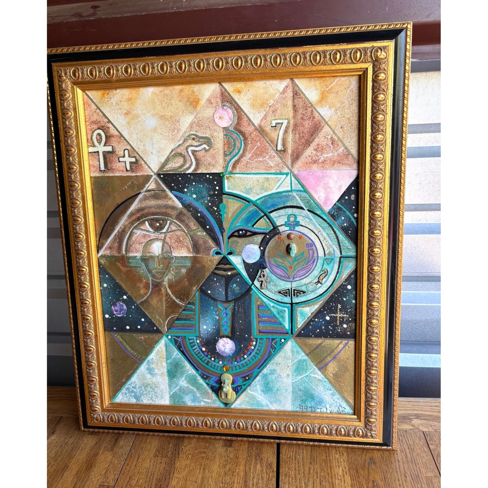 Original Signed Egyptian Mystical Geometric Mixed Media Painting Framed 1999